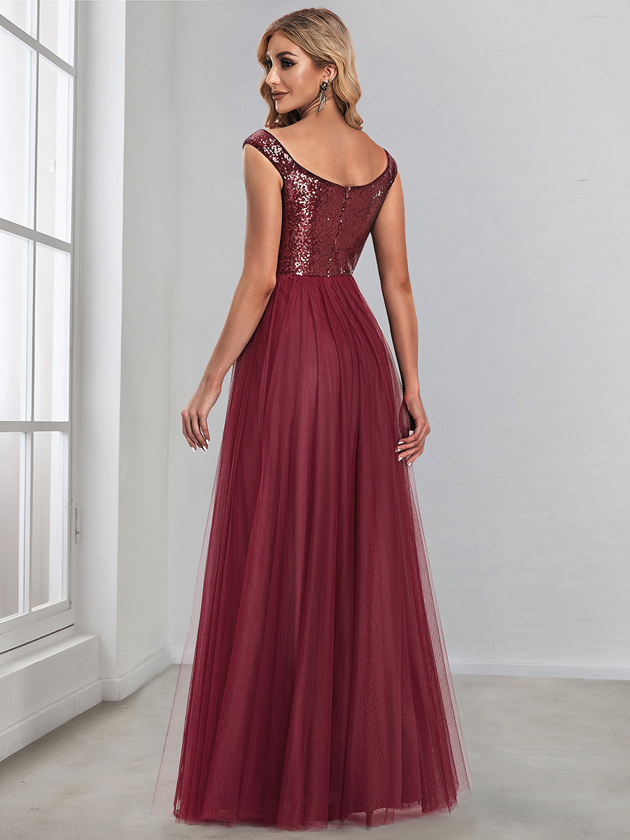 Superbe robe de soirée sans manches en tulle et paillettes taille haute #Couleur_Bordeaux