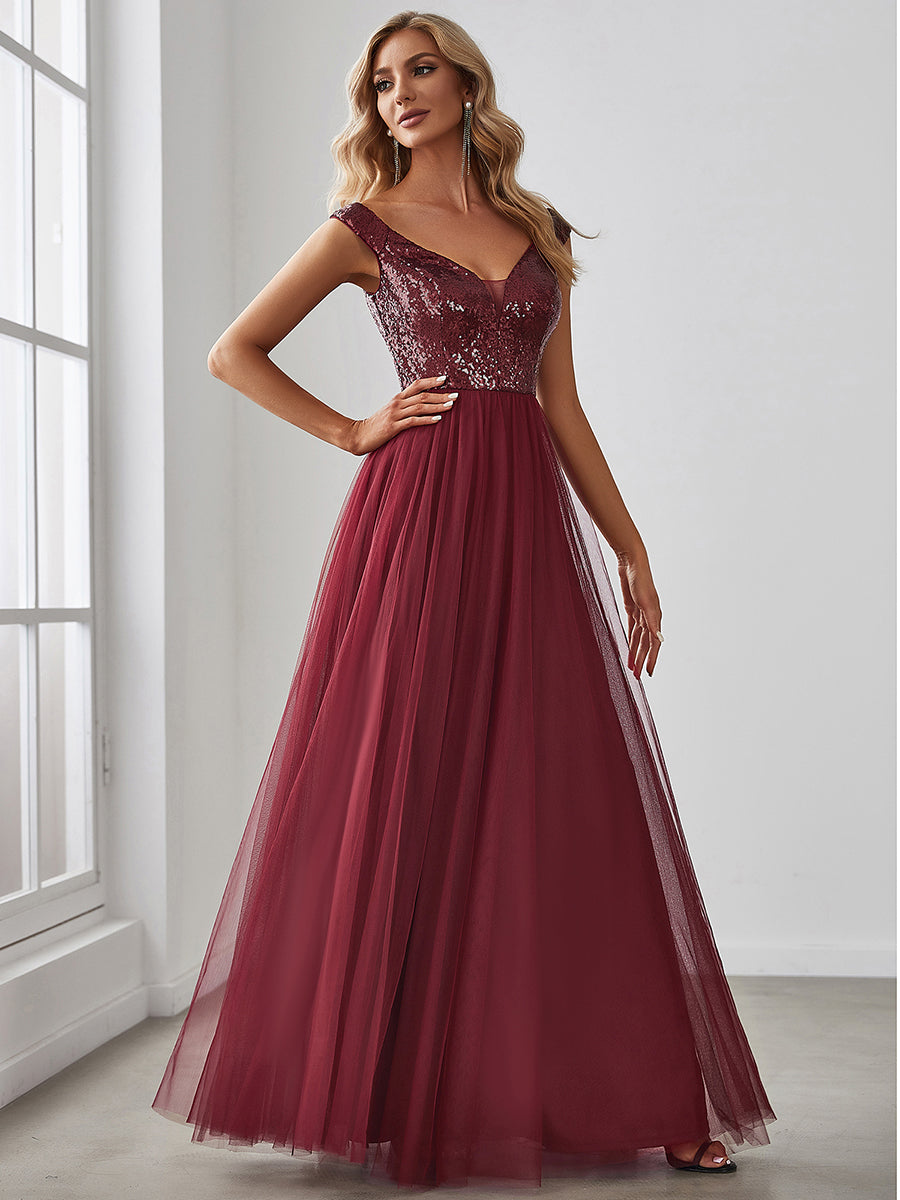 Superbe robe de soirée sans manches en tulle et paillettes taille haute #Couleur_Bordeaux