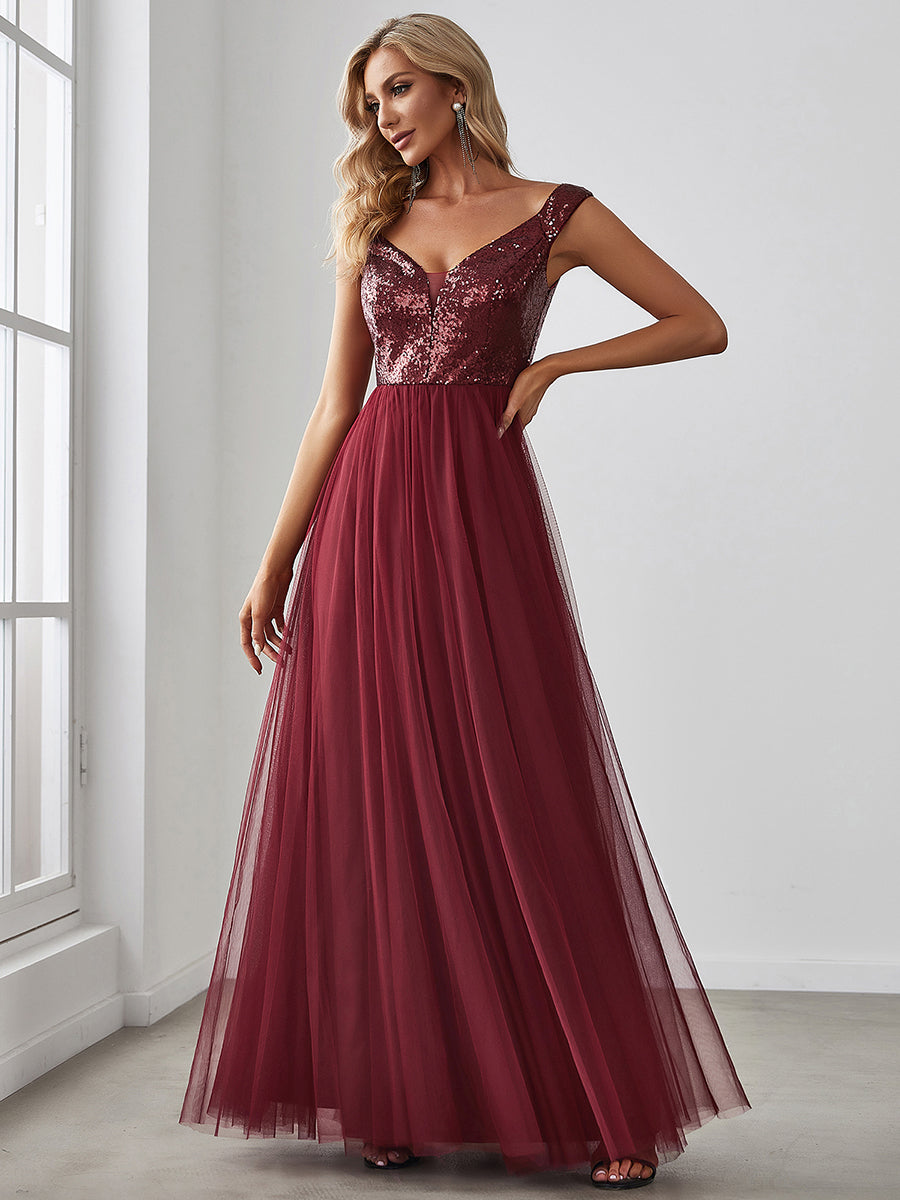 Superbe robe de soirée sans manches en tulle et paillettes taille haute #Couleur_Bordeaux