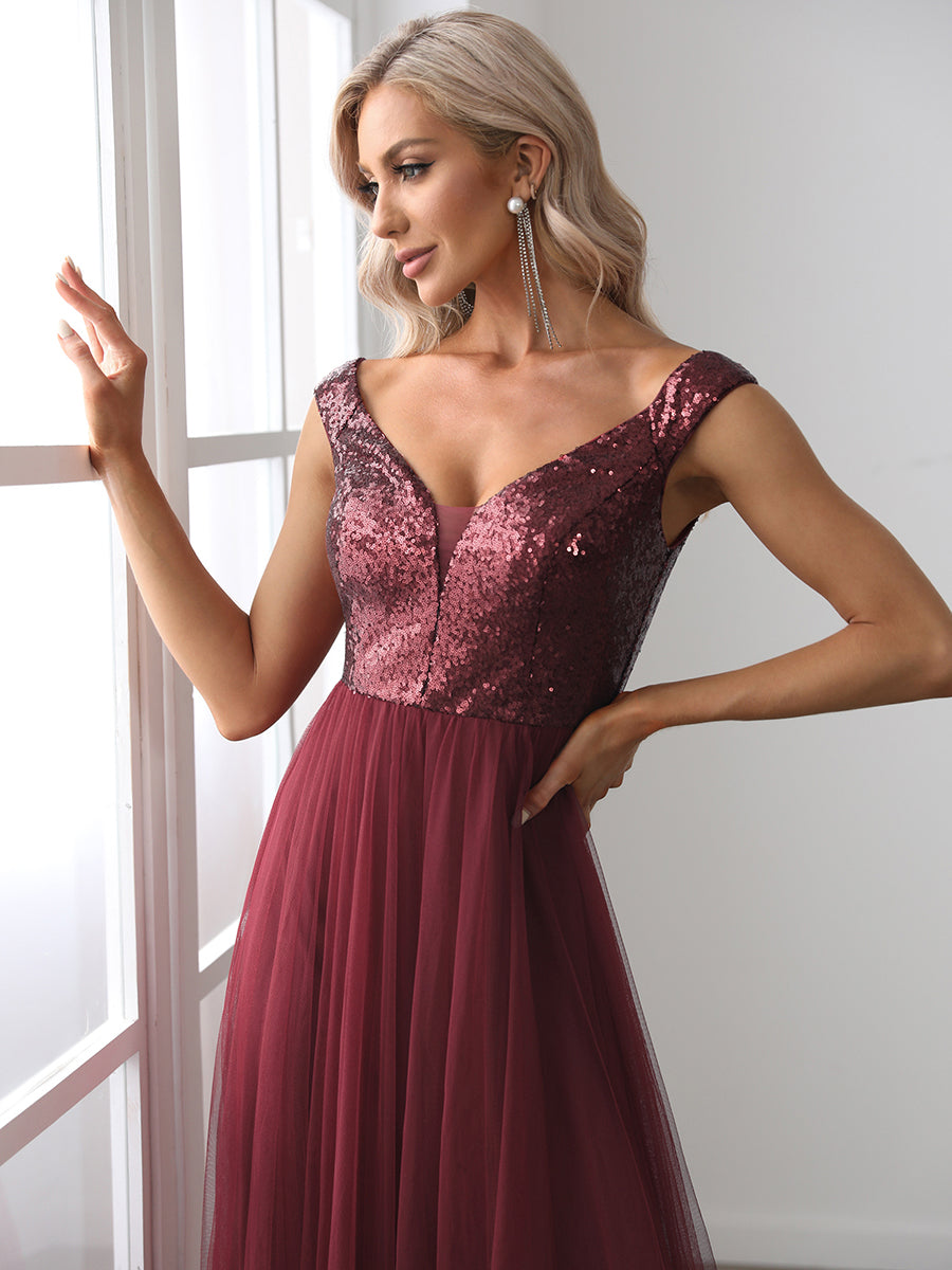 Superbe robe de soirée sans manches en tulle et paillettes taille haute #Couleur_Bordeaux