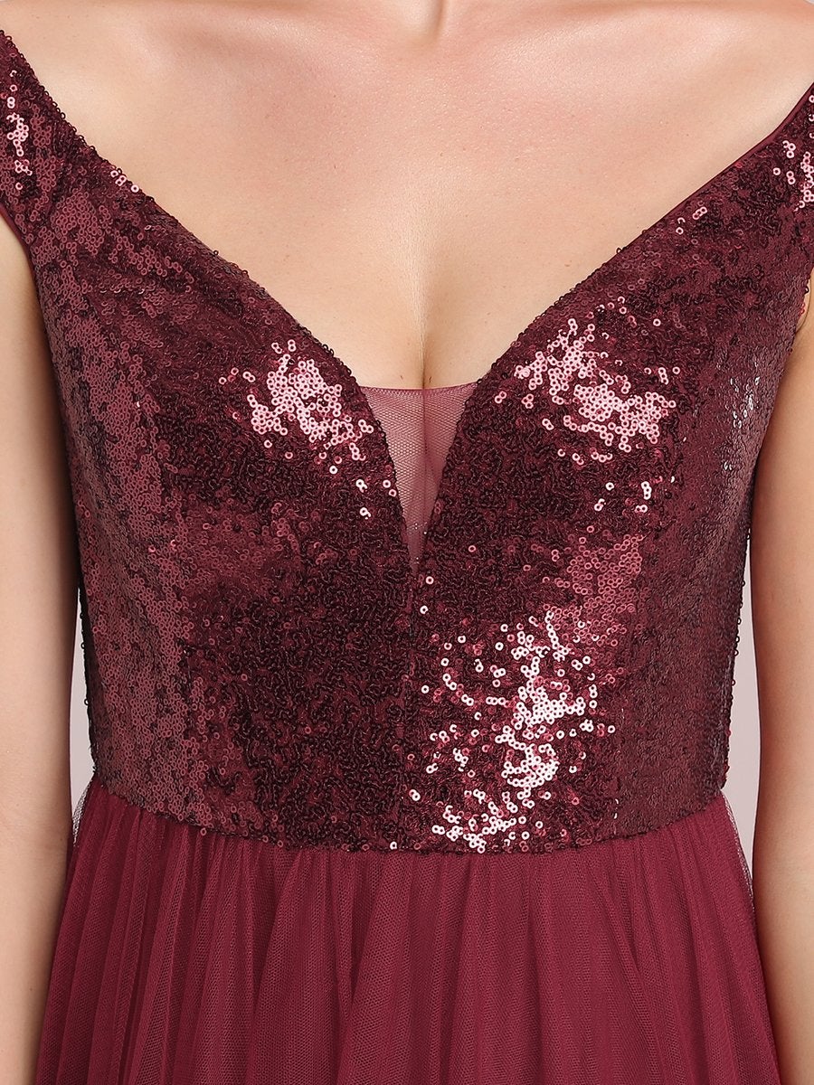 Superbe robe de soirée sans manches en tulle et paillettes taille haute #Couleur_Bordeaux