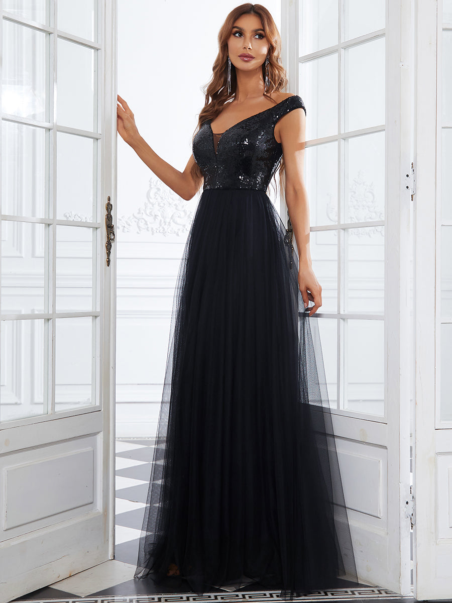 Superbe robe de soirée sans manches en tulle et paillettes taille haute #Couleur_Noir