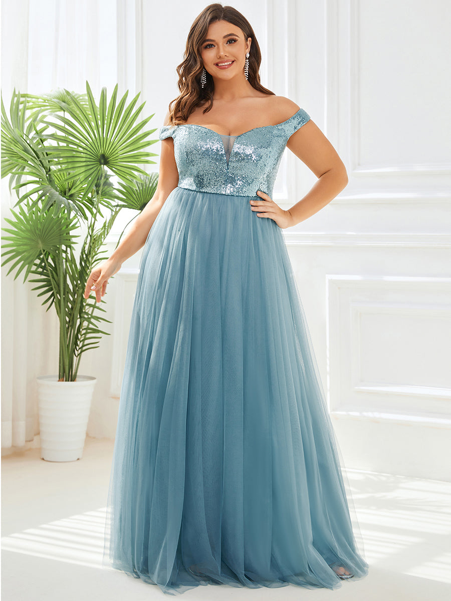 Superbe robe de soirée sans manches en tulle et paillettes taille haute #Couleur_Bleu Fume