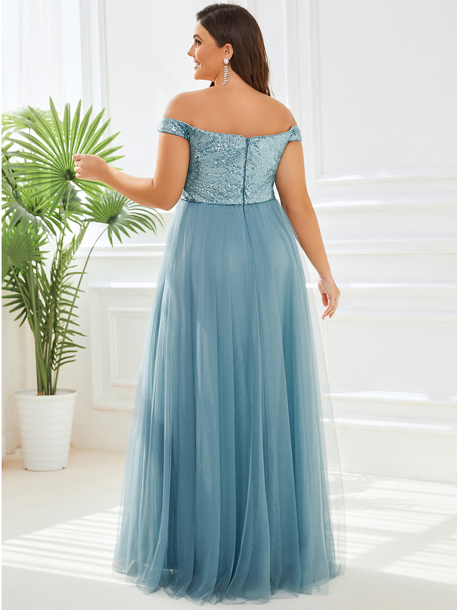 Superbe robe de soirée Grande taille en tulle et paillettes sans manches #Couleur_Bleu Fume