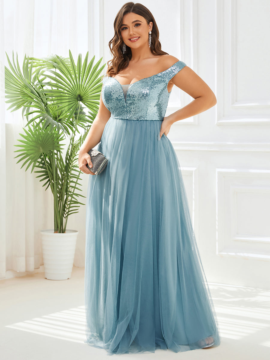 Superbe robe de soirée Grande taille en tulle et paillettes sans manches #Couleur_Bleu Fume