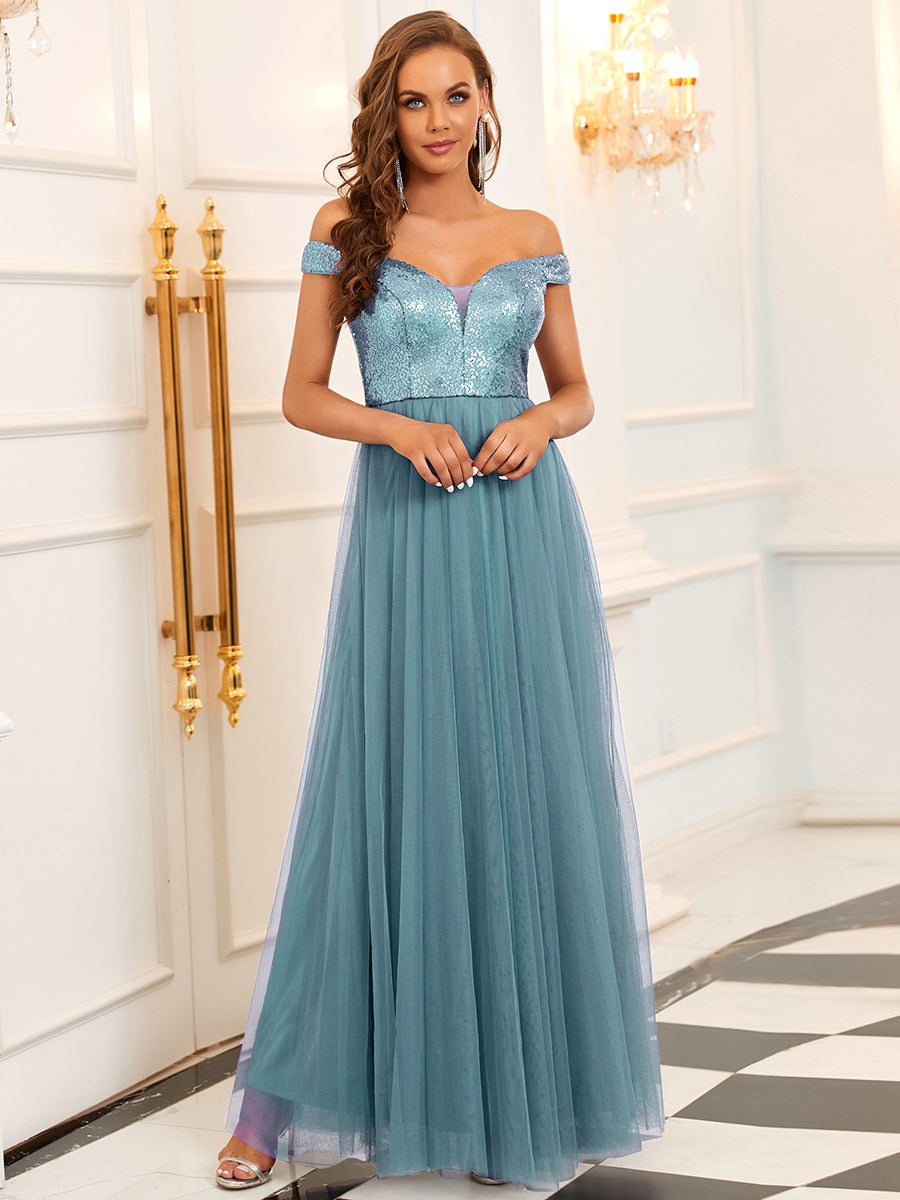 Superbe robe de soirée sans manches en tulle et paillettes taille haute #Couleur_Bleu Fume