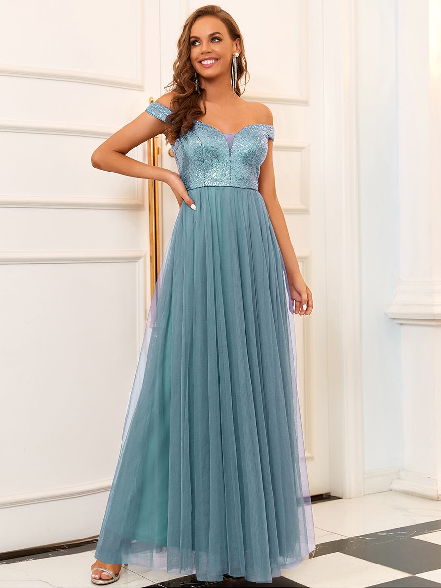 Superbe robe de soirée sans manches en tulle et paillettes taille haute #Couleur_Bleu Fume