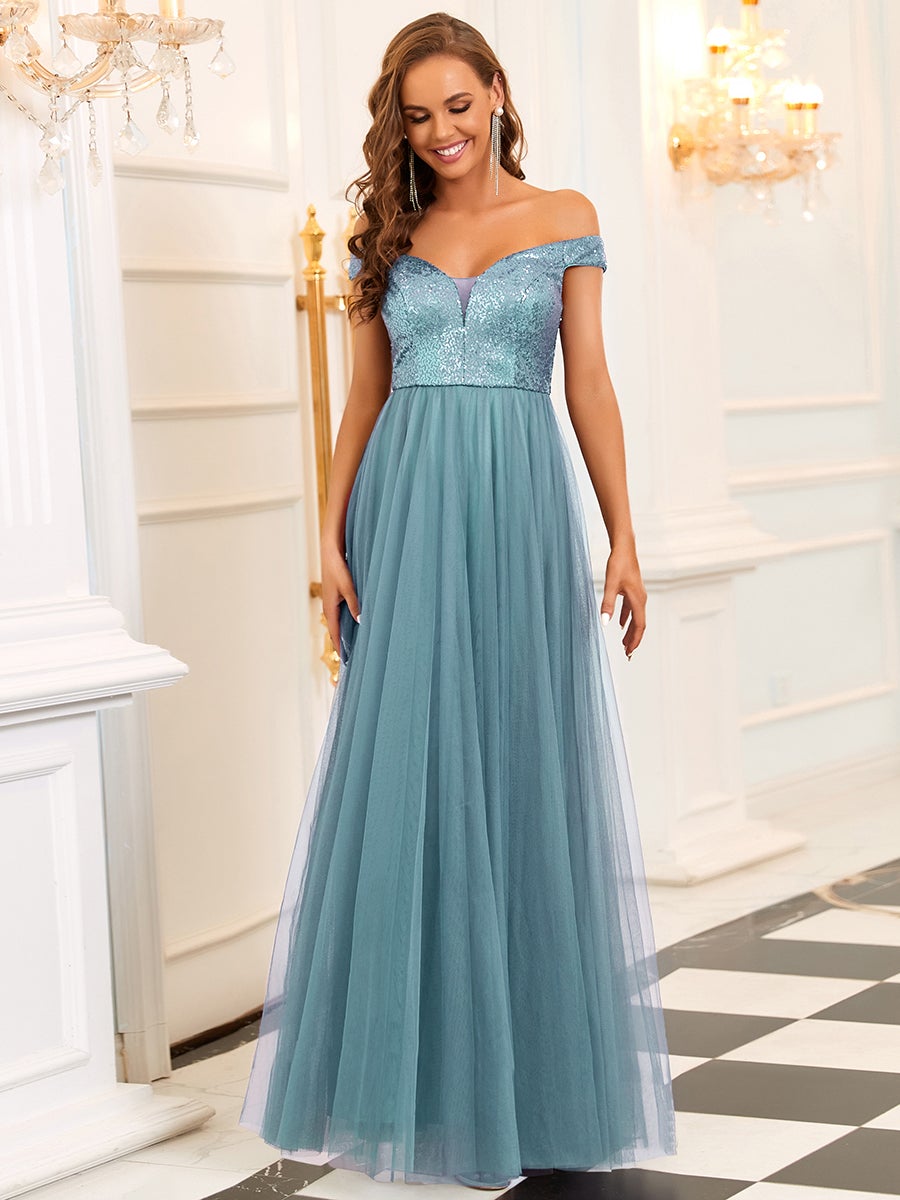 Superbe robe de soirée sans manches en tulle et paillettes taille haute #Couleur_Bleu Fume