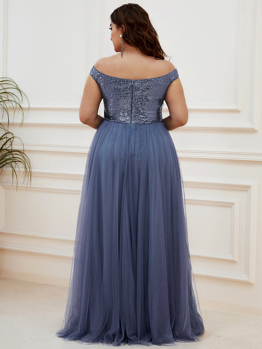 Superbe robe de soirée sans manches en tulle et paillettes taille haute #Couleur_Marine Fume