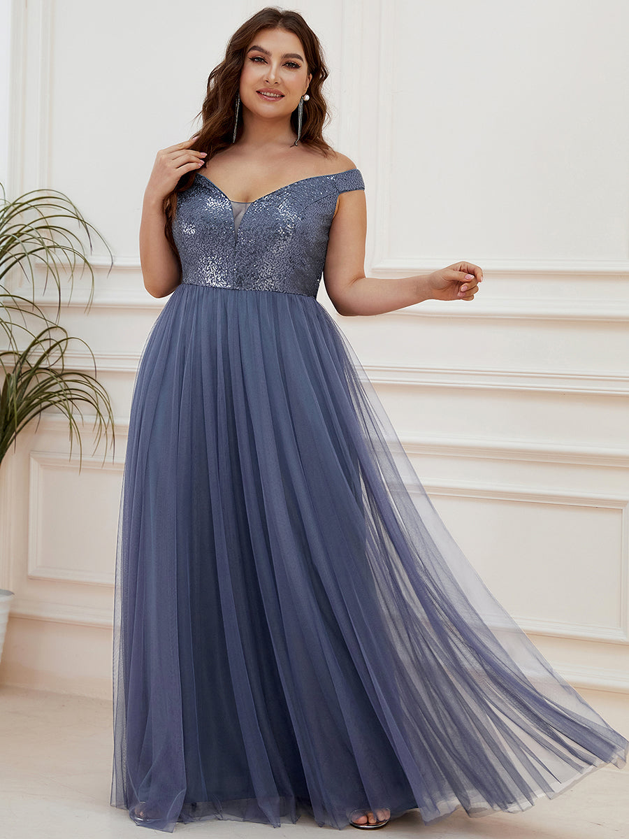 Superbe robe de soirée sans manches en tulle et paillettes taille haute #Couleur_Marine Fume