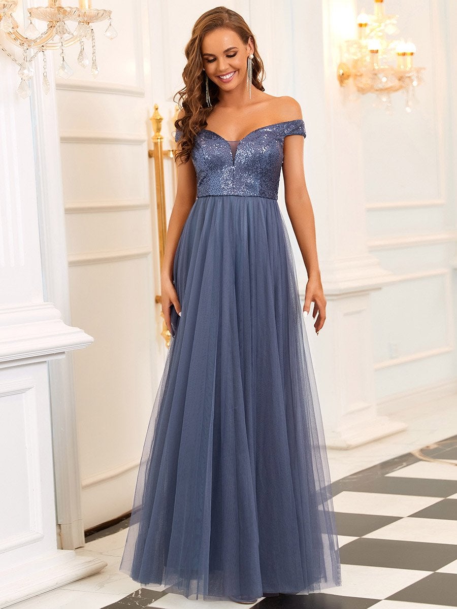 Superbe robe de soirée sans manches en tulle et paillettes taille haute #Couleur_Marine Fume