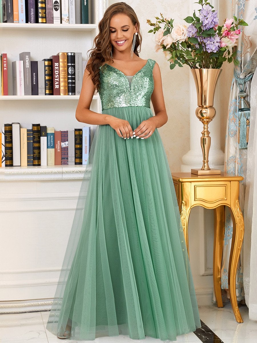 Superbe robe de soirée sans manches en tulle et paillettes taille haute #Couleur_Haricot Vert