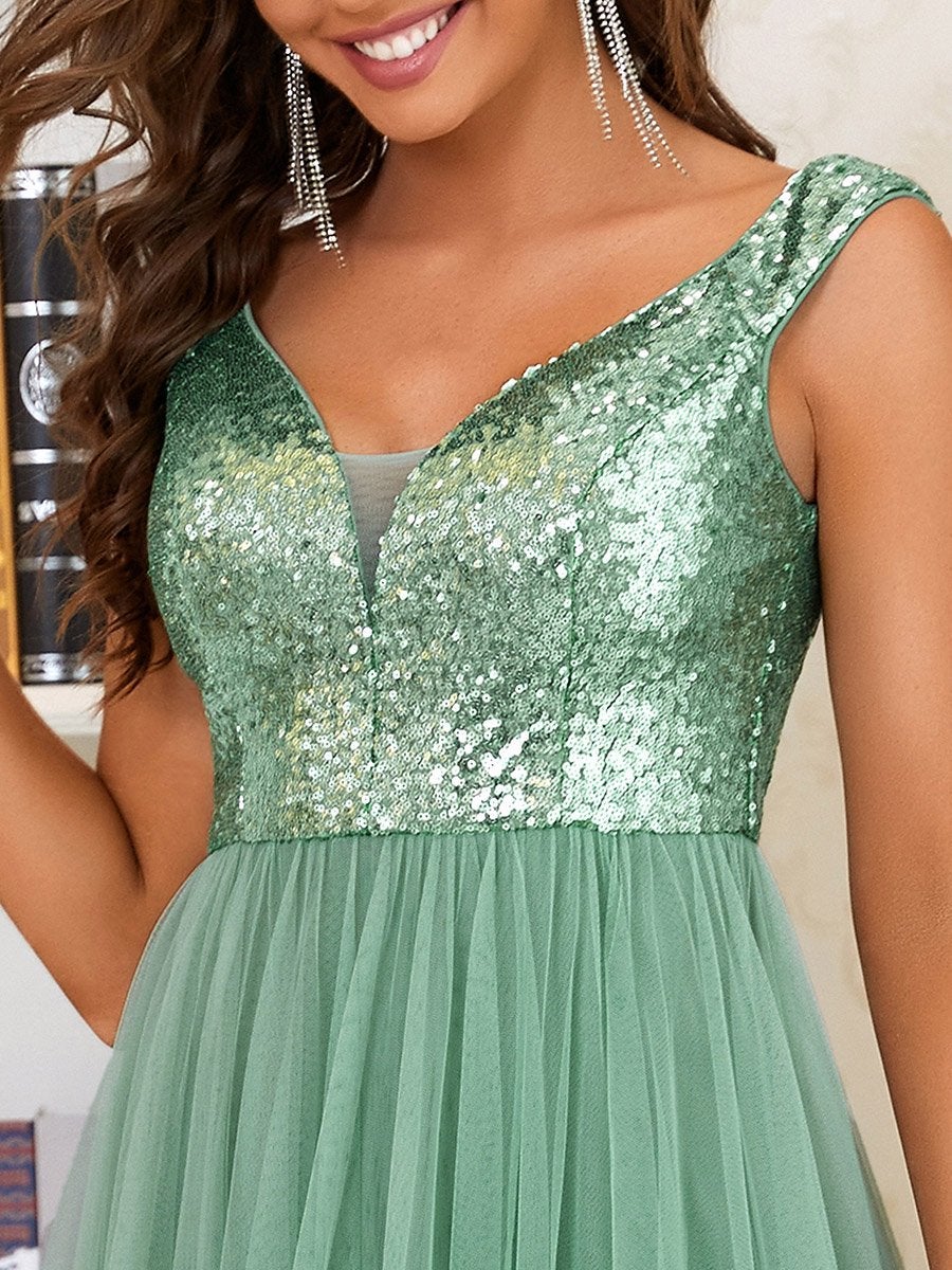 Superbe robe de soirée sans manches en tulle et paillettes taille haute #Couleur_Haricot Vert