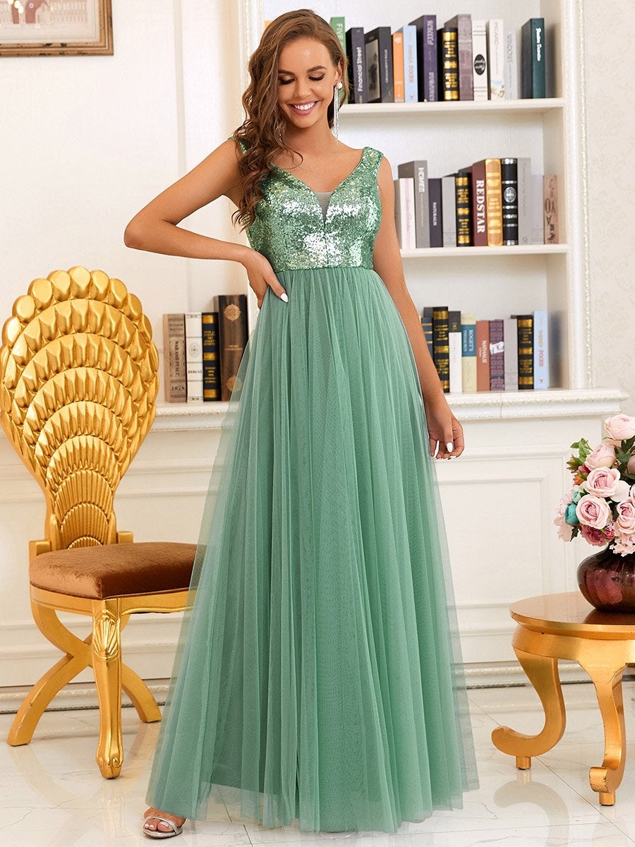 Superbe robe de soirée sans manches en tulle et paillettes taille haute #Couleur_Haricot Vert