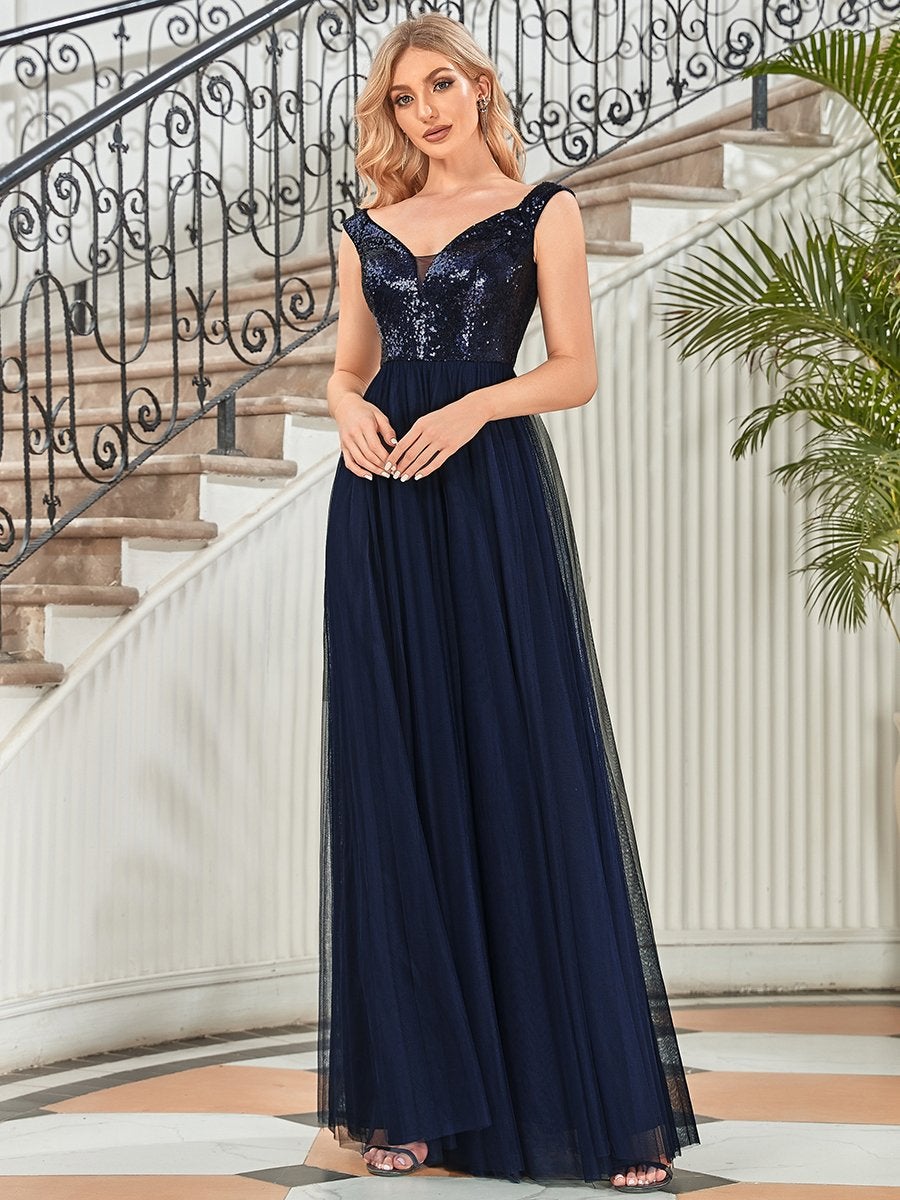 Taille personnalisée Robe de soirée sans manches paillettes taille haute #Couleur_Bleu Marine