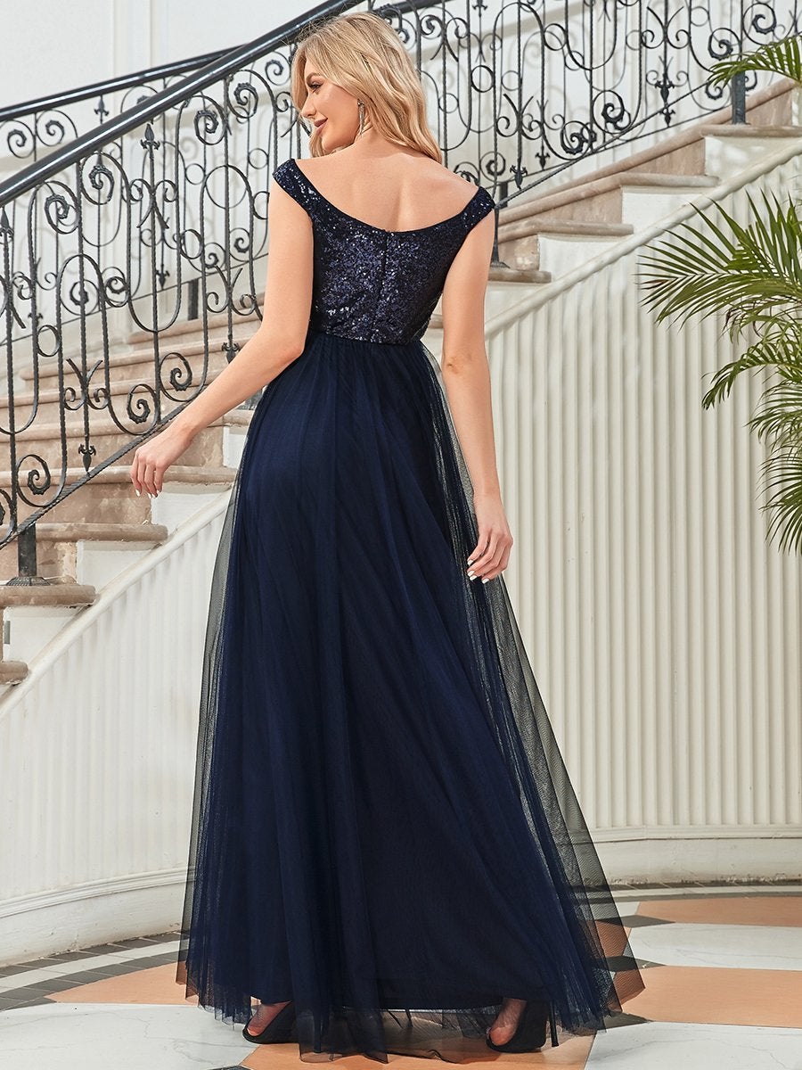 Superbe robe de soirée sans manches en tulle et paillettes taille haute #Couleur_Bleu Marine