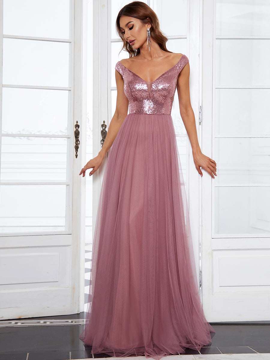 Superbe robe de soirée sans manches en tulle et paillettes taille haute #Couleur_Orchidee