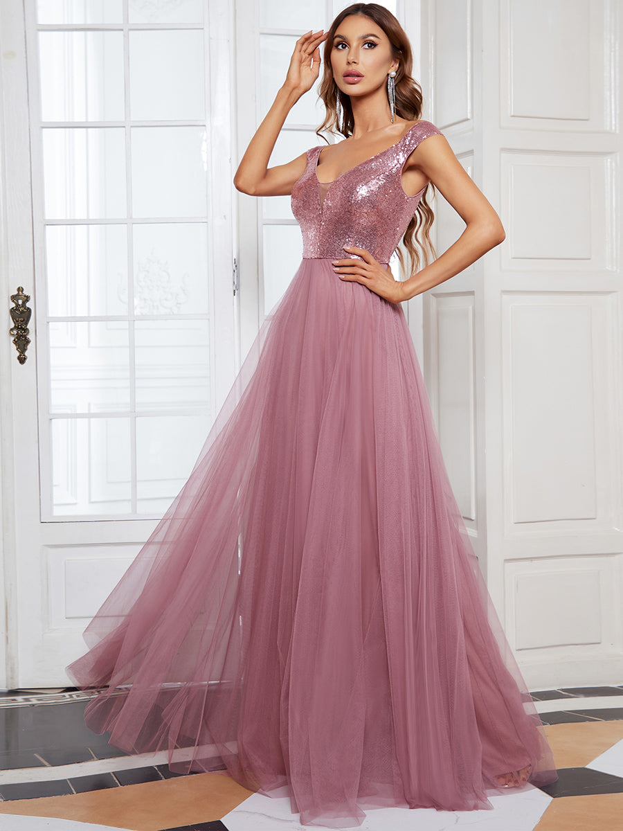 Superbe robe de soirée sans manches en tulle et paillettes taille haute #Couleur_Orchidee