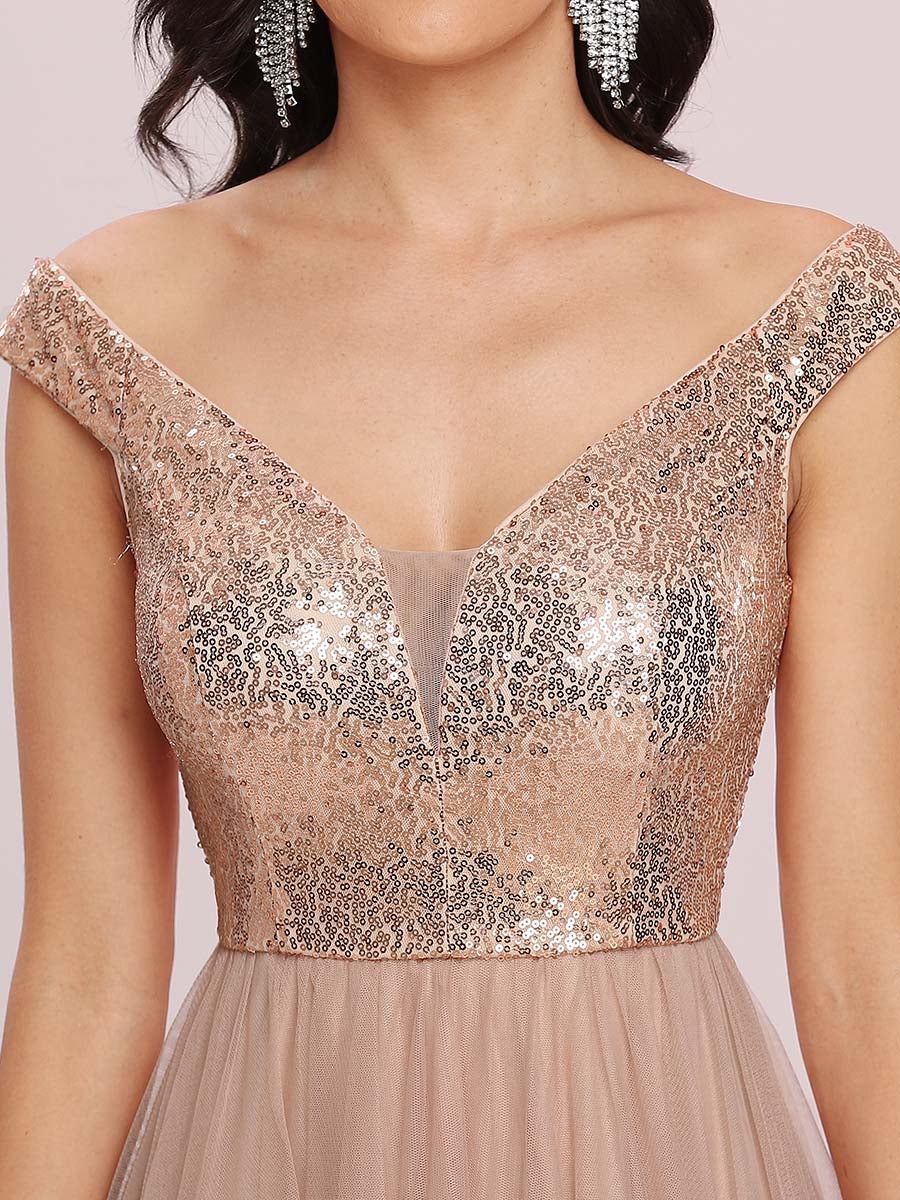 Superbe robe de soirée sans manches en tulle et paillettes taille haute #Couleur_Or rose