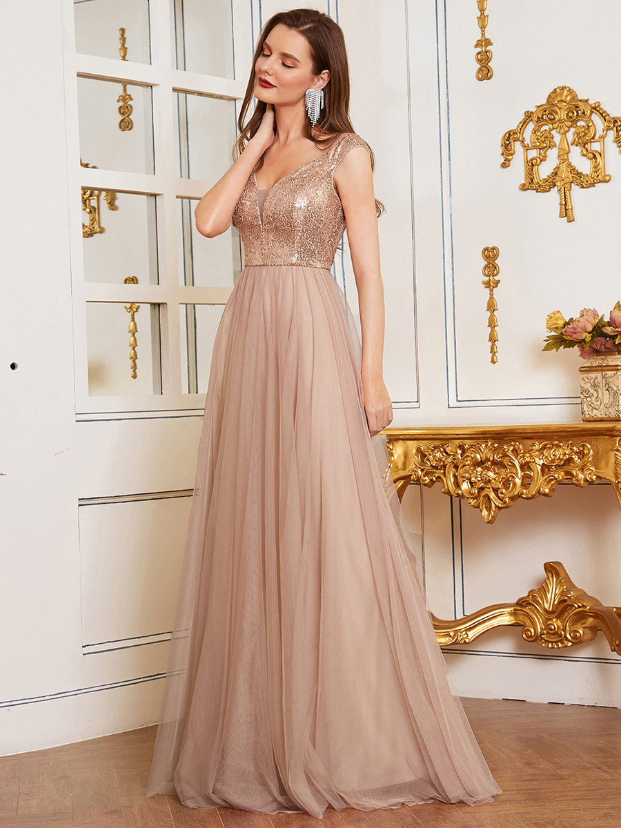 Superbe robe de soirée sans manches en tulle et paillettes taille haute #Couleur_Or rose