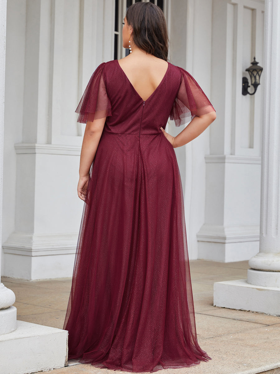 Jolie robe de soirée longue en tulle avec col en V profond #Couleur_Bordeaux