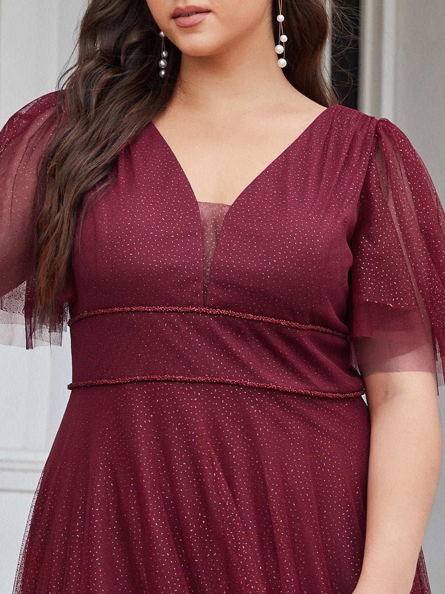 Robe de soirée romantique en tulle grande taille avec col en V profond #Couleur_Bordeaux