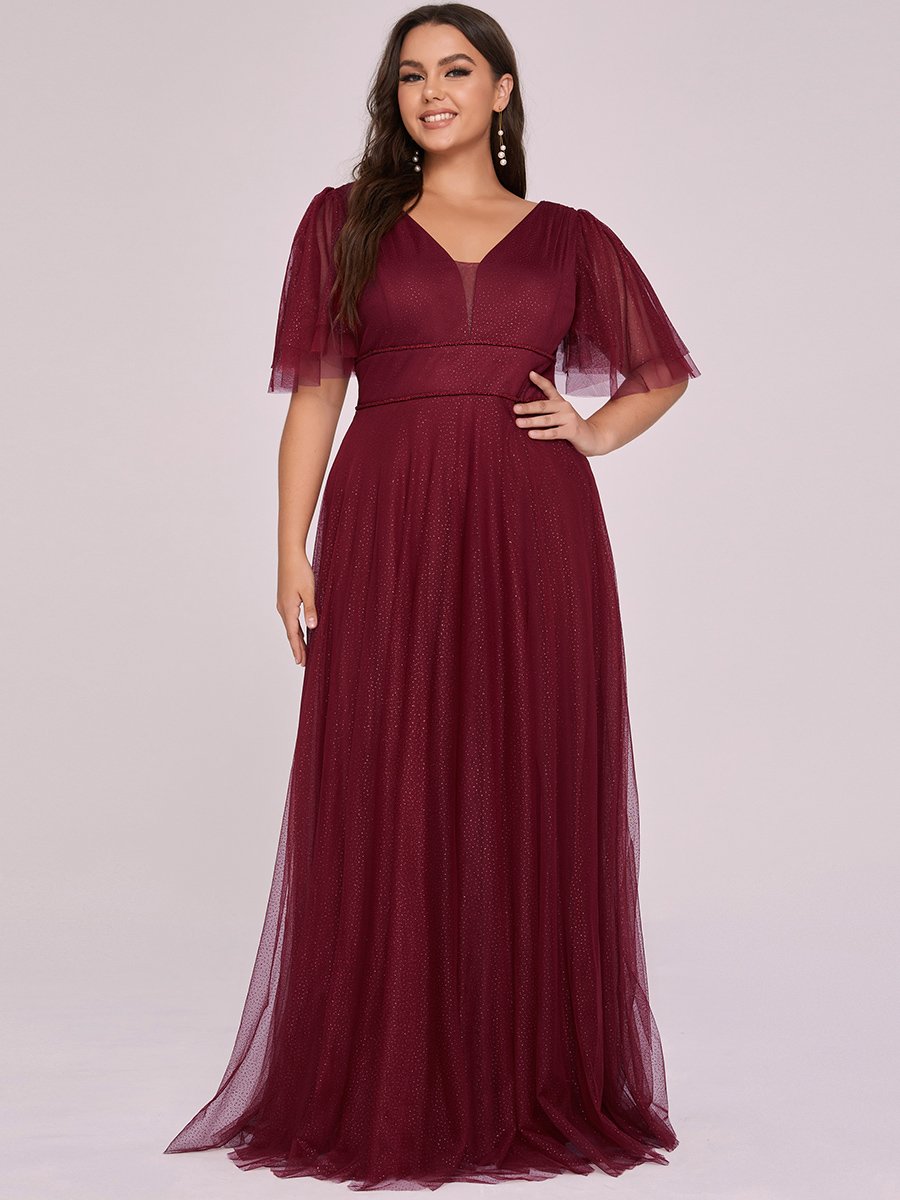 Robe de soirée romantique en tulle grande taille avec col en V profond #Couleur_Bordeaux