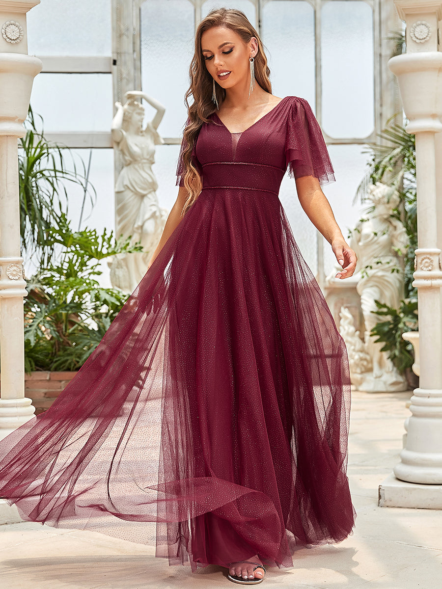 Jolie robe de soirée longue en tulle avec col en V profond #Couleur_Bordeaux