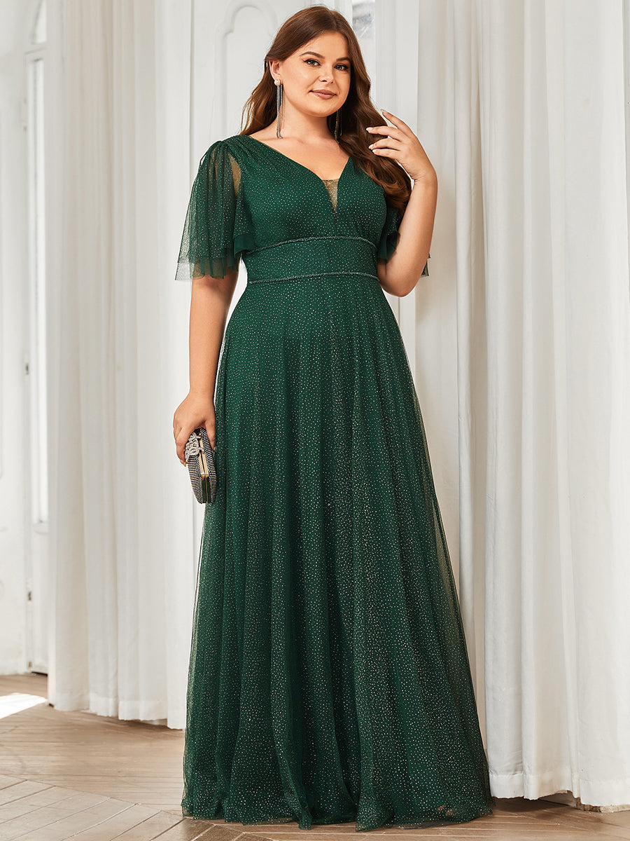 Jolie robe de soirée longue en tulle avec col en V profond #Couleur_Vert Fonce