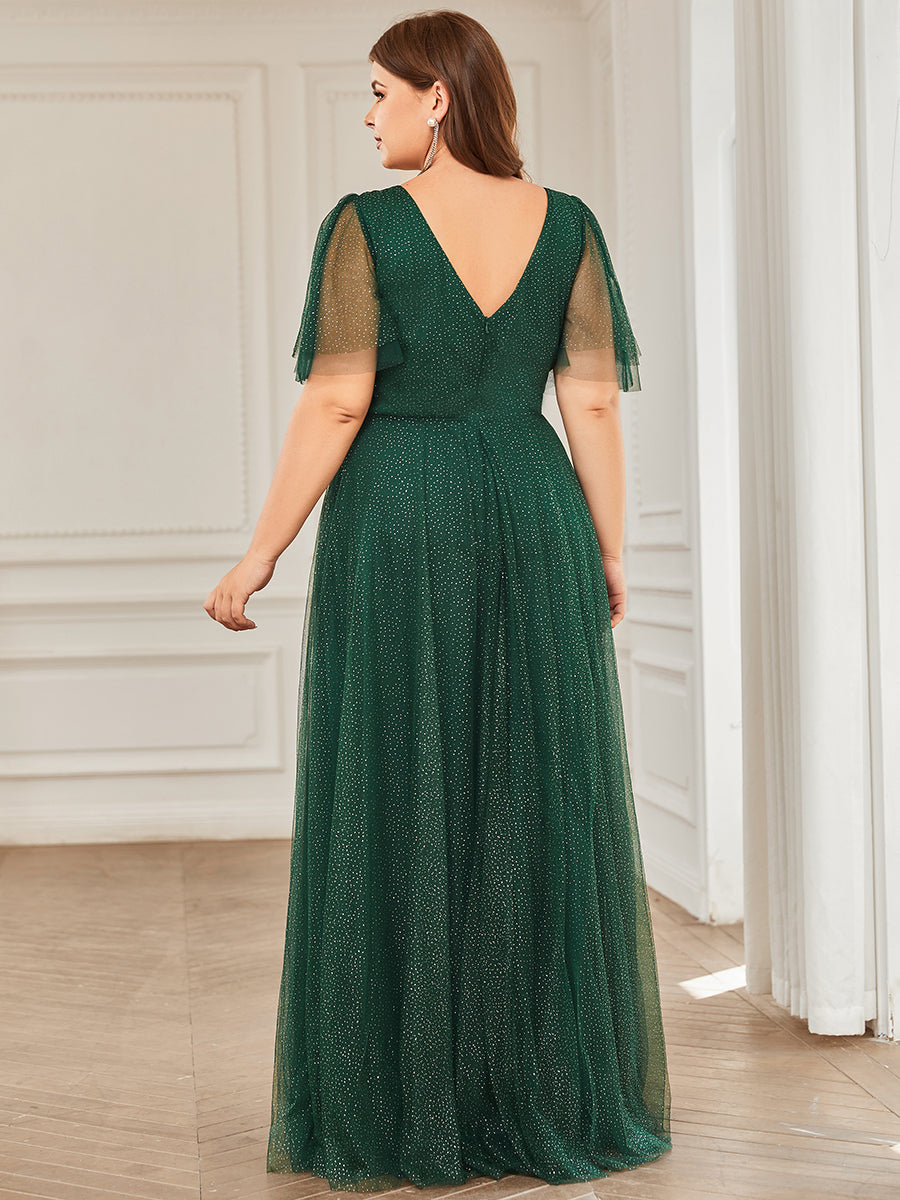 Jolie robe de soirée longue en tulle avec col en V profond #Couleur_Vert Fonce