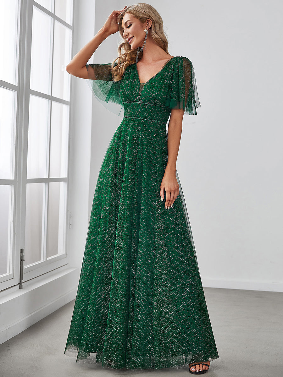 Jolie robe de soirée longue en tulle avec col en V profond #Couleur_Vert Fonce