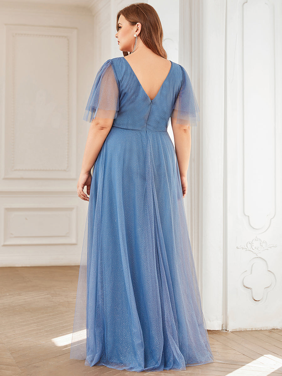 Jolie robe de soirée longue en tulle avec col en V profond #Couleur_Marine Fume