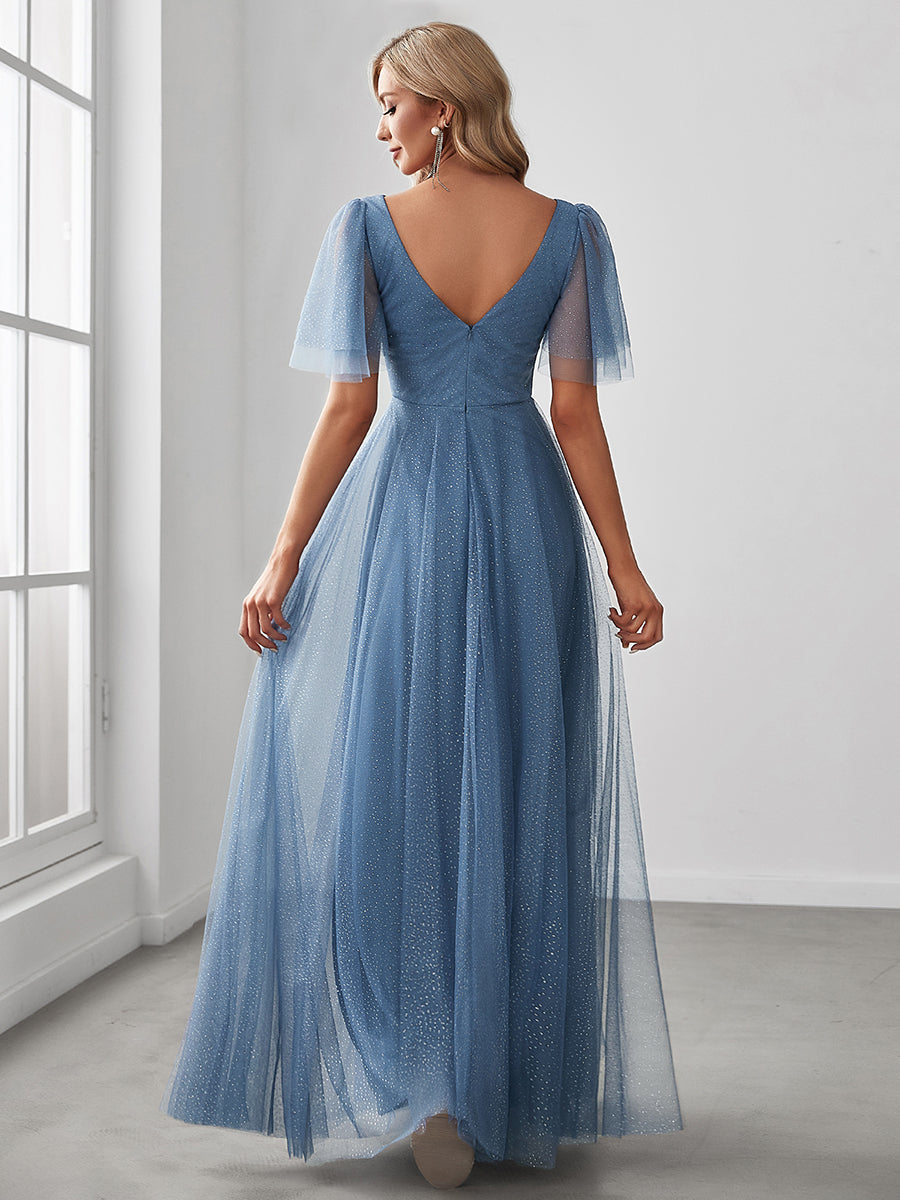 Jolie robe de soirée longue en tulle avec col en V profond #Couleur_Marine Fume