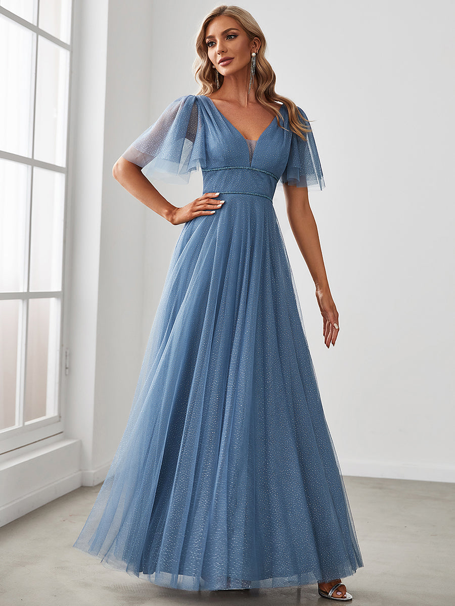 Jolie robe de soirée longue en tulle avec col en V profond #Couleur_Marine Fume