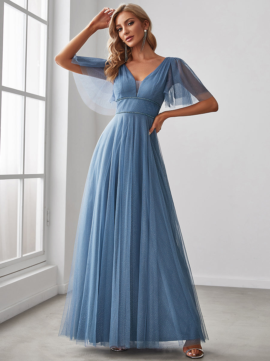 Jolie robe de soirée longue en tulle avec col en V profond #Couleur_Marine Fume