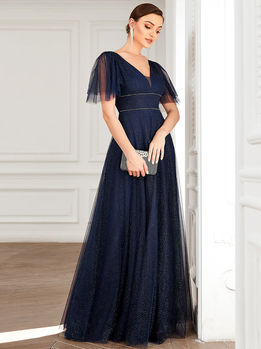 Jolie robe de soirée longue en tulle avec col en V profond #Couleur_Bleu Marine