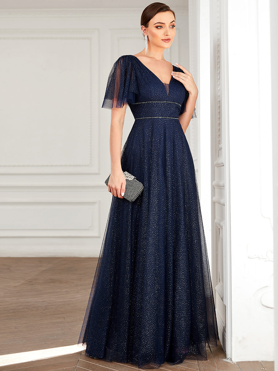 Jolie robe de soirée longue en tulle avec col en V profond #Couleur_Bleu Marine