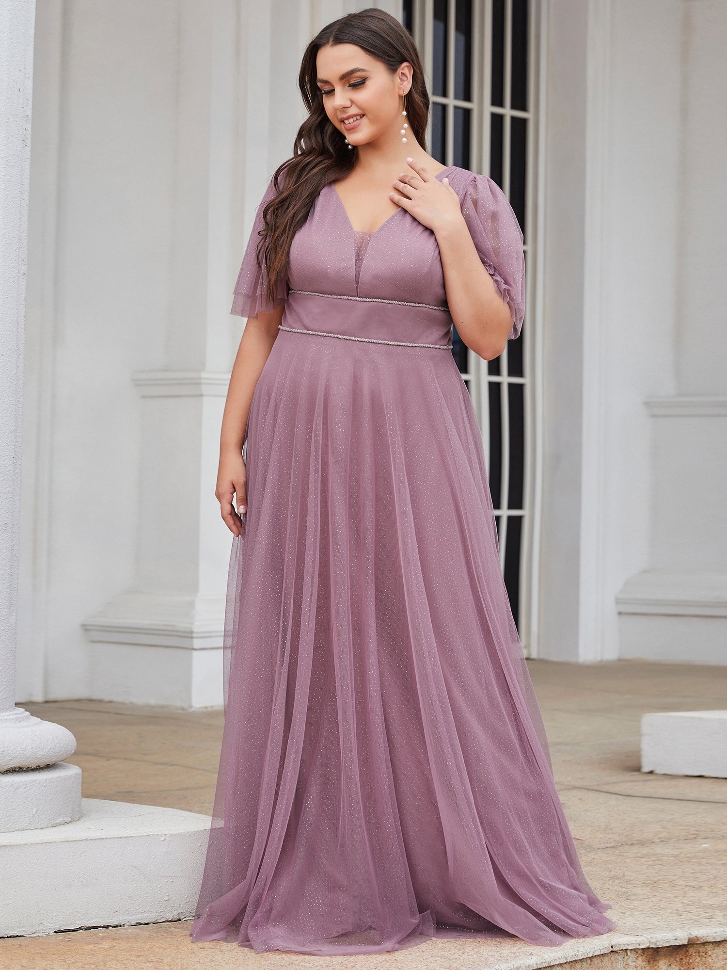 Jolie robe de soirée longue en tulle avec col en V profond #Couleur_Orchidee