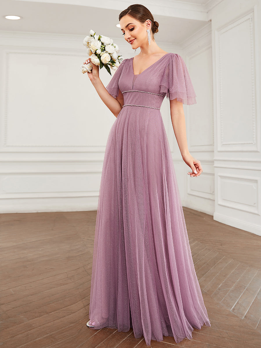 Jolie robe de soirée longue en tulle avec col en V profond #Couleur_Orchidee