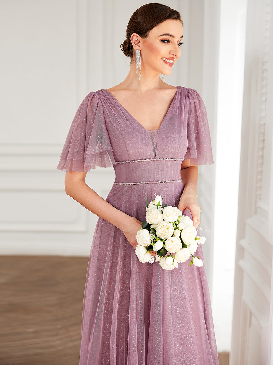 Jolie robe de soirée longue en tulle avec col en V profond #Couleur_Orchidee