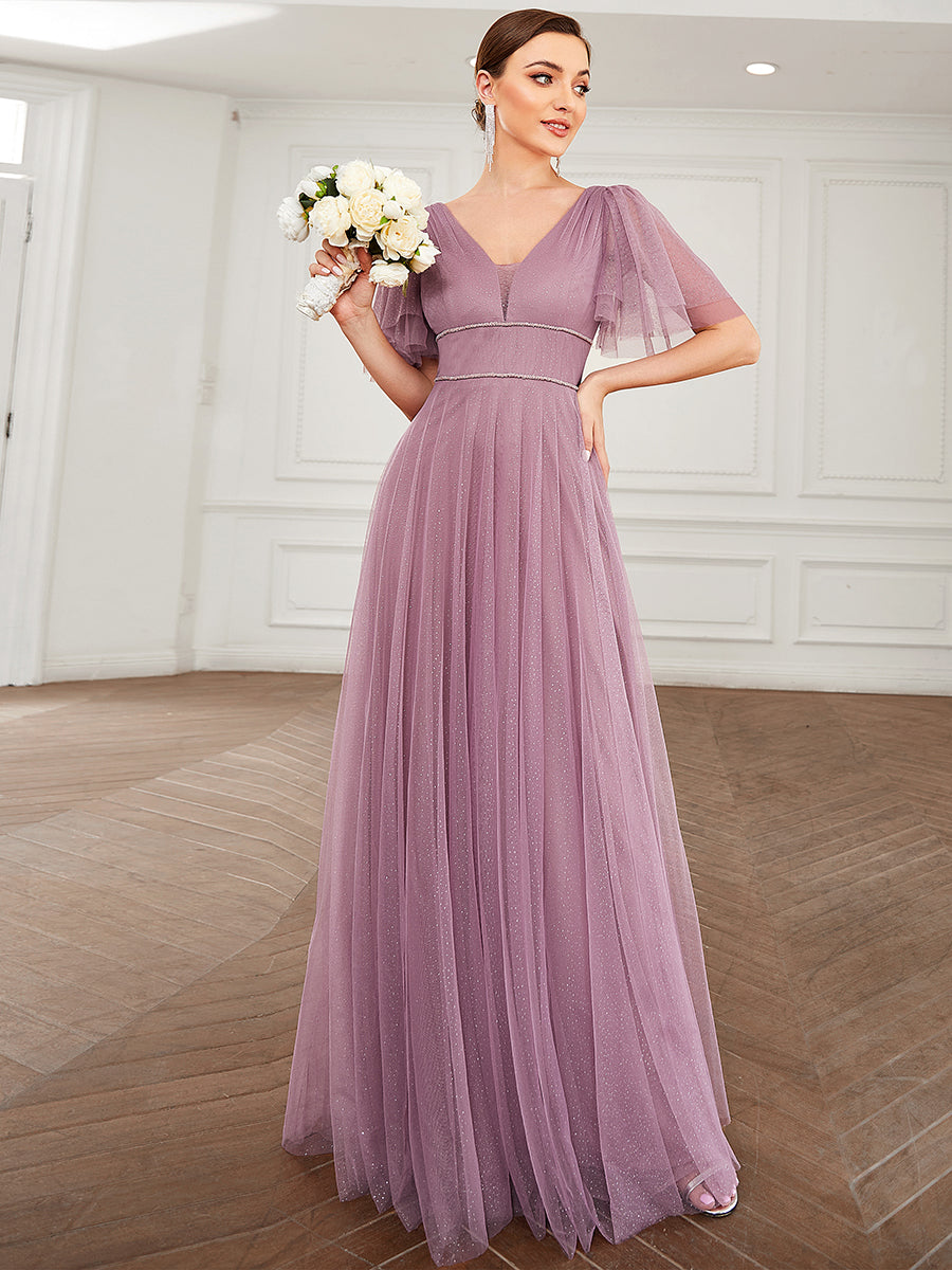 Jolie robe de soirée longue en tulle avec col en V profond #Couleur_Orchidee