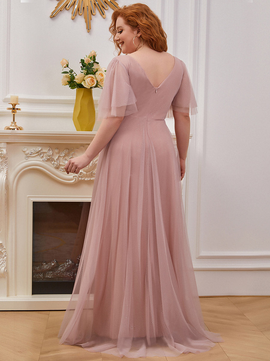 Jolie robe de soirée longue en tulle avec col en V profond #Couleur_Rose