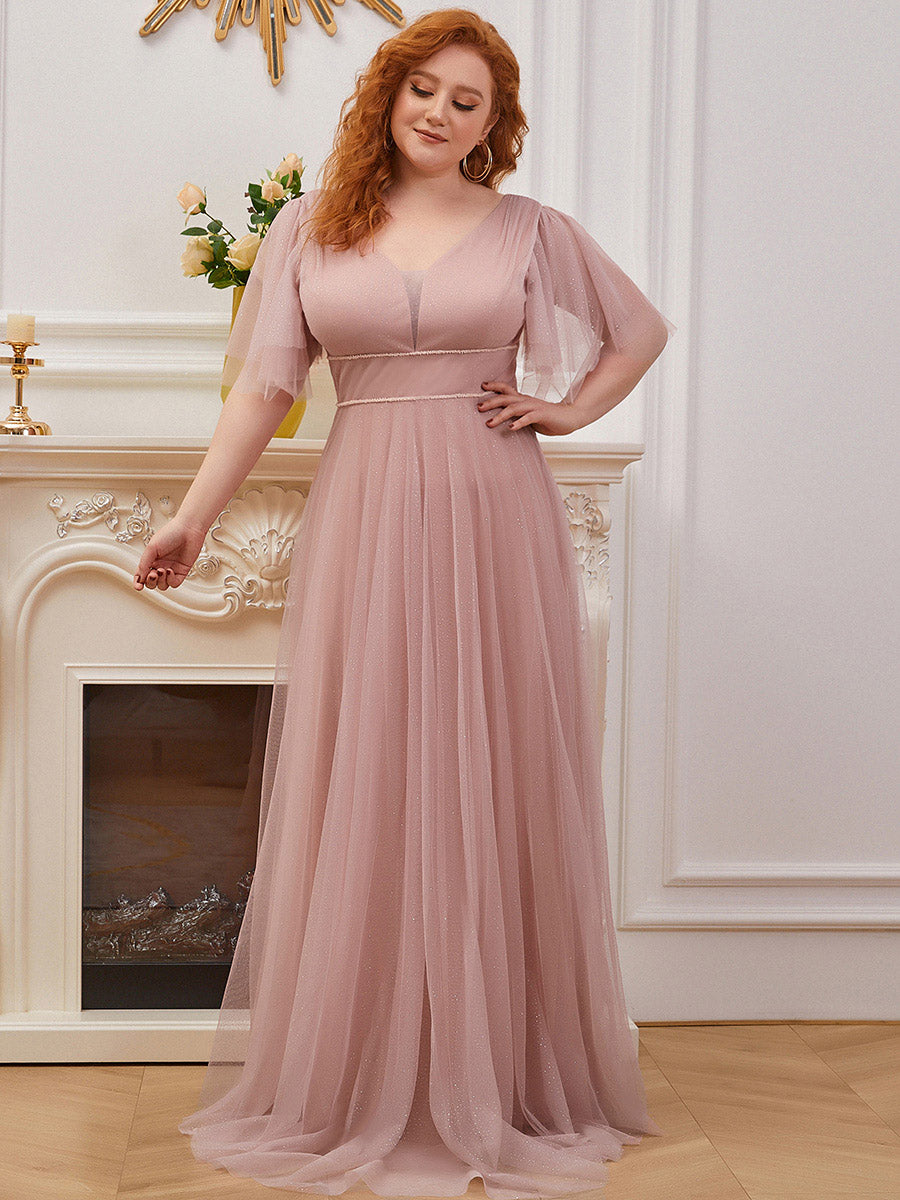 Jolie robe de soirée longue en tulle avec col en V profond #Couleur_Rose