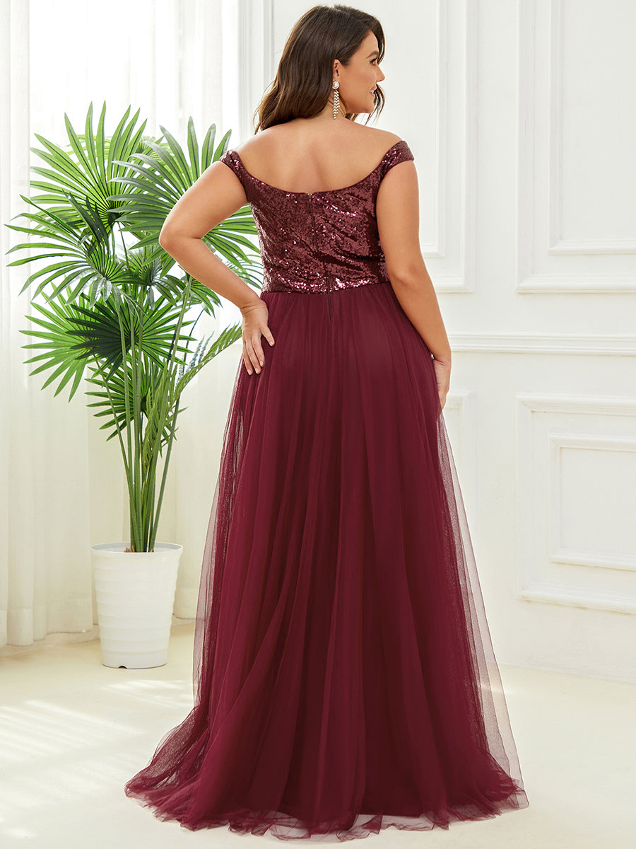Superbe robe de soirée Grande taille en tulle et paillettes sans manches #Couleur_Bordeaux