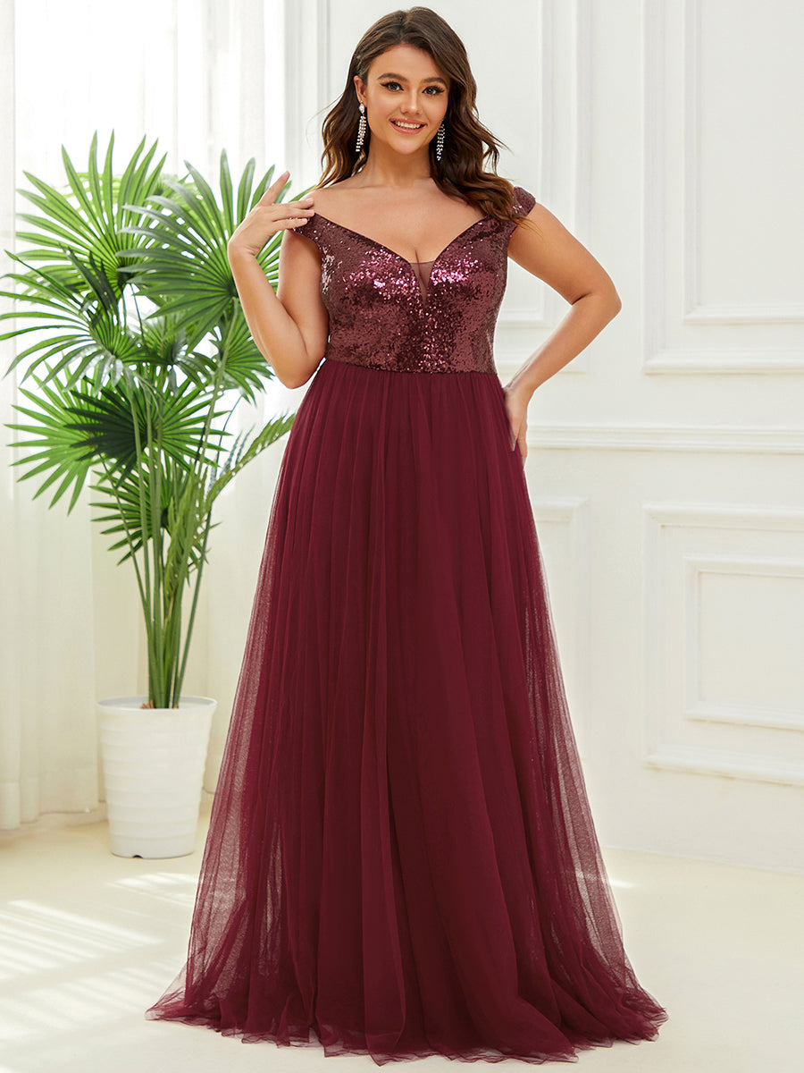 Superbe robe de soirée sans manches en tulle et paillettes taille haute #Couleur_Bordeaux