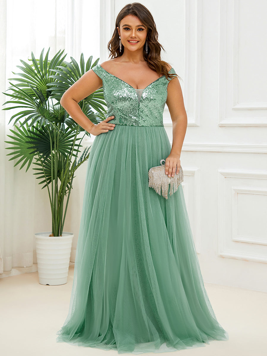 Superbe robe de soirée Grande taille en tulle et paillettes sans manches #Couleur_Haricot Vert