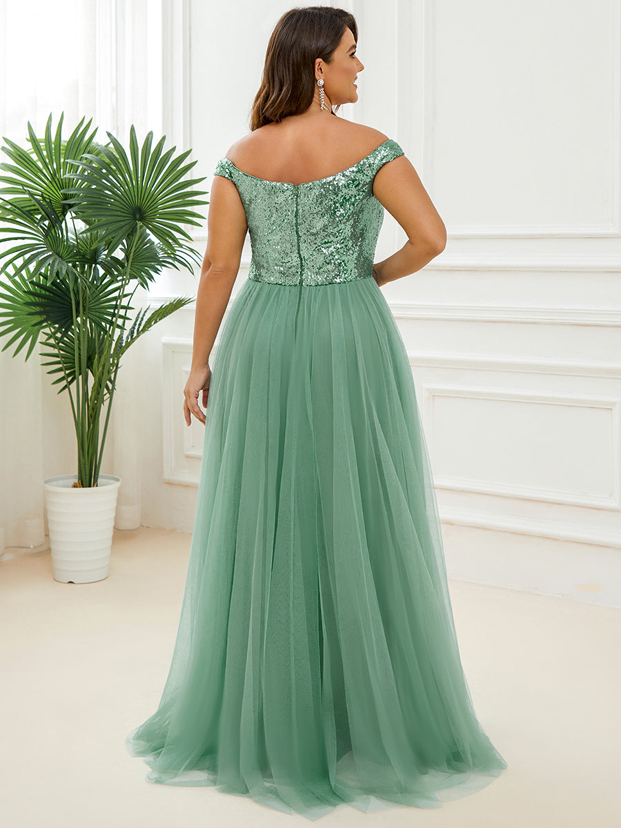 Superbe robe de soirée Grande taille en tulle et paillettes sans manches #Couleur_Haricot Vert