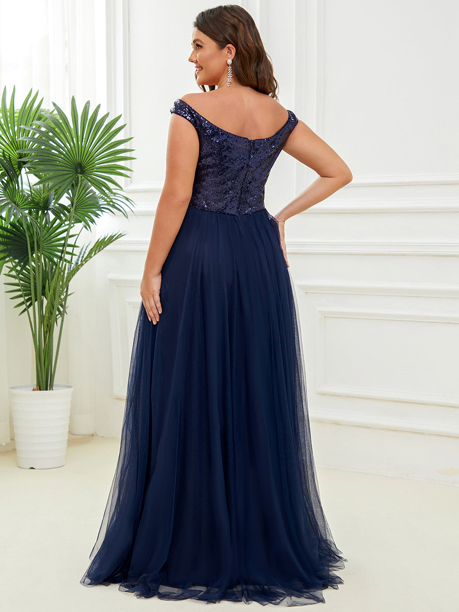 Superbe robe de soirée sans manches en tulle et paillettes taille haute #Couleur_Bleu Marine