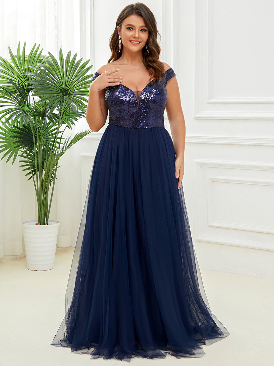 Superbe robe de soirée Grande taille en tulle et paillettes sans manches #Couleur_Bleu Marine