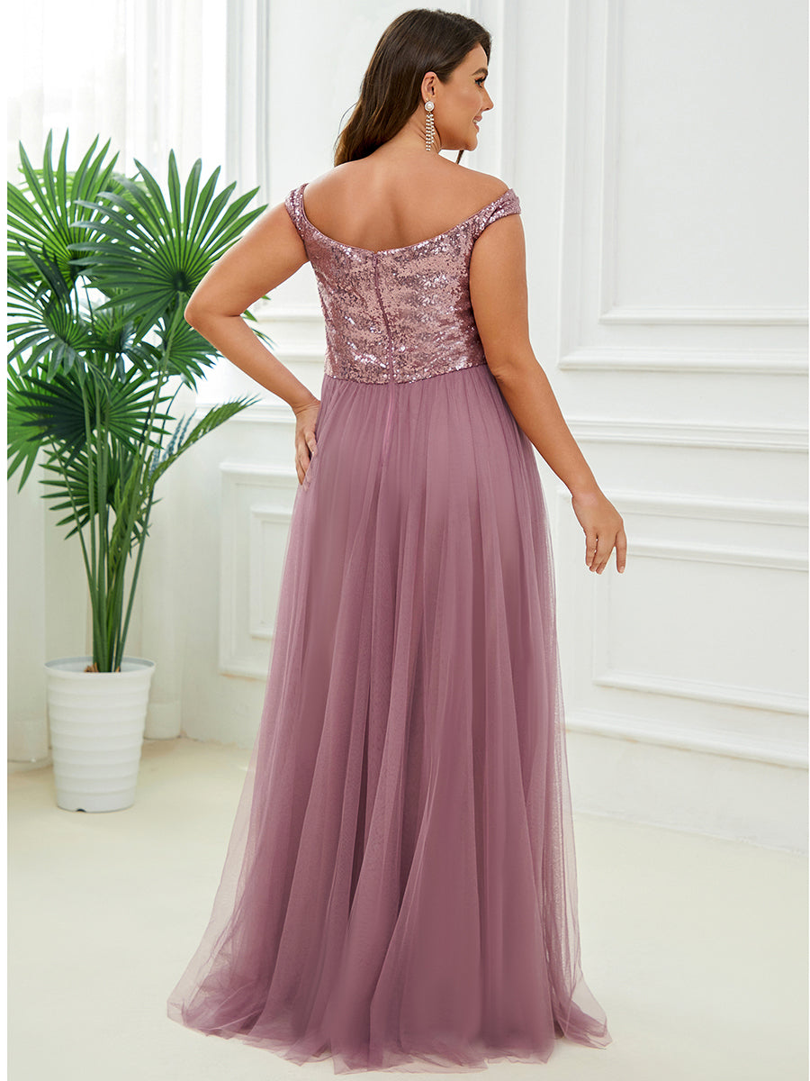 Superbe robe de soirée sans manches en tulle et paillettes taille haute #Couleur_Orchidee